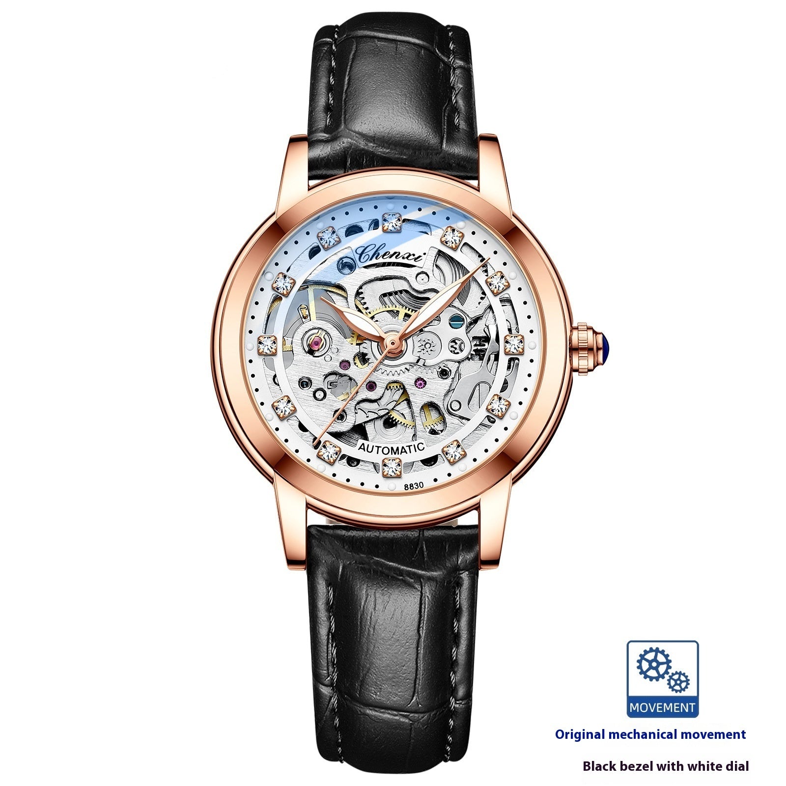 Chenxi Diamond Skeleton Automatic Watch – Rose Gold Case, Genuine Leather Strap | 5 Colours