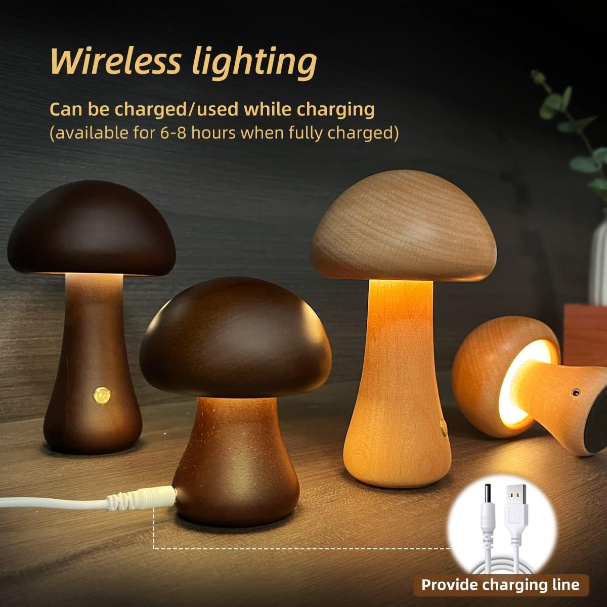 Wooden Mushroom LED Night Light | Touch Switch Bedside Lamp, 4 Styles, Beech & Walnut | HOORIVA
