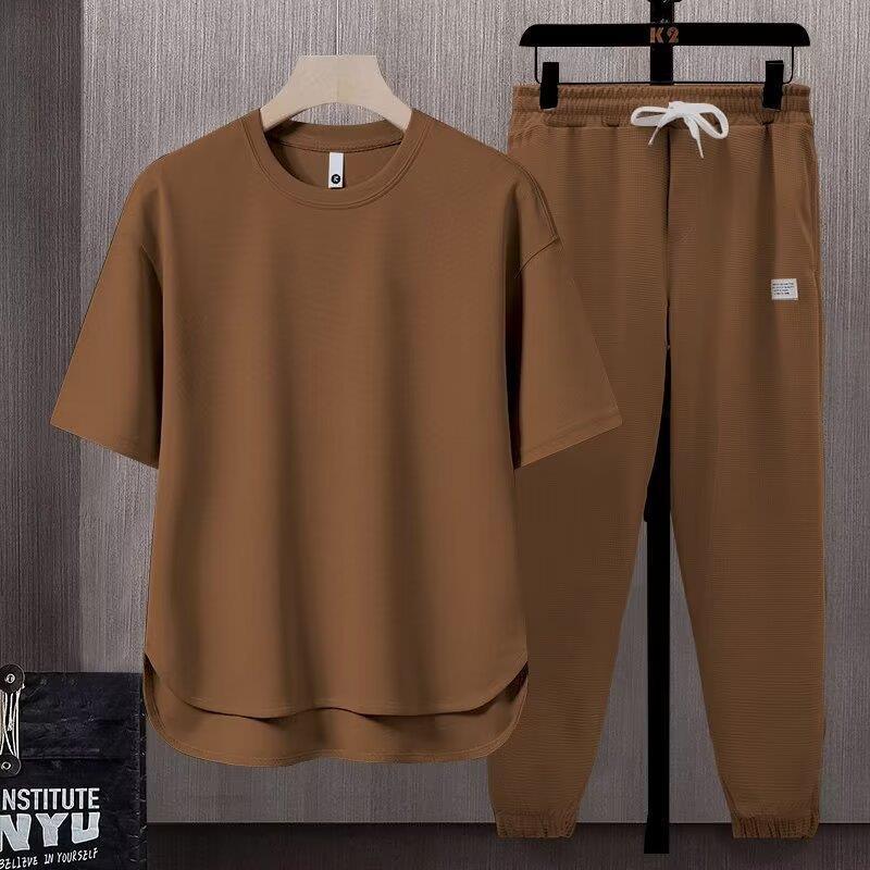 Men's Summer Athletic 2-Piece Set – Short Sleeve Crew Neck T-Shirt & Cropped Jogger Pants in 5 Colours