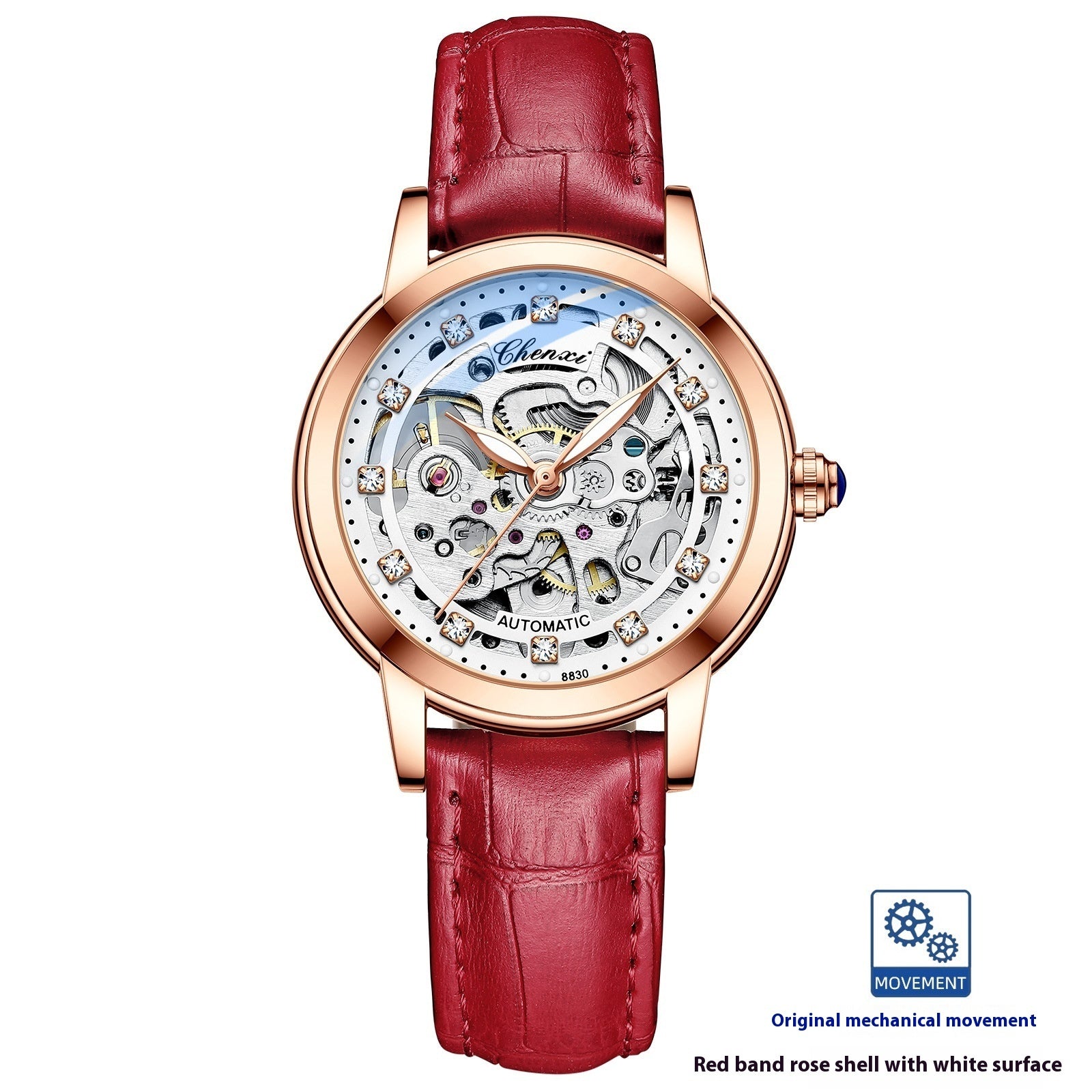 Chenxi Diamond Skeleton Automatic Watch – Rose Gold Case, Genuine Leather Strap | 5 Colours