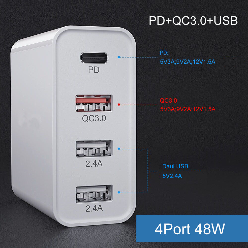 Fast Charge Phone Charger – 4-Port PD & QC USB Wall Charger