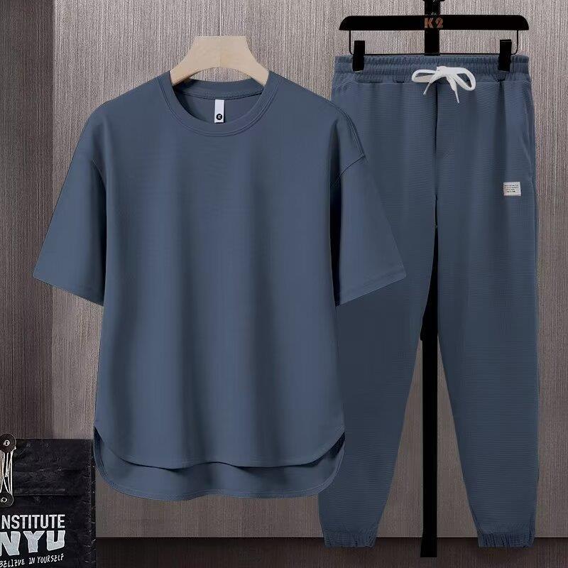 Men's Summer Athletic 2-Piece Set – Short Sleeve Crew Neck T-Shirt & Cropped Jogger Pants in 5 Colours