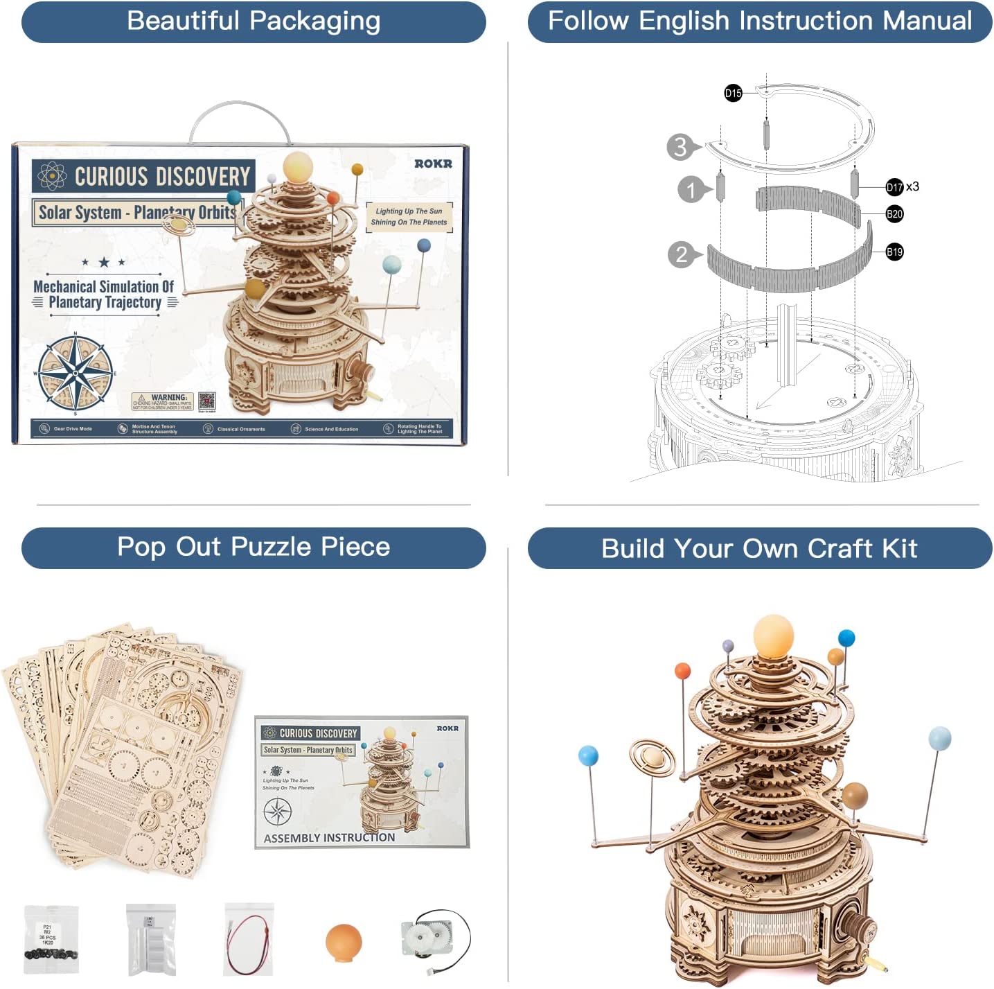 Robotime ROKR Mechanical Orrery 3D Wooden Puzzle – 316pcs Solar System Model