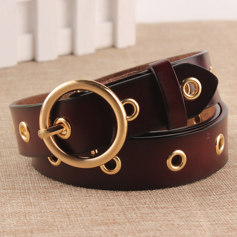 Women's Genuine Leather Belt – Classic Round Buckle, No-Hole Adjustable Fit | Hooriva