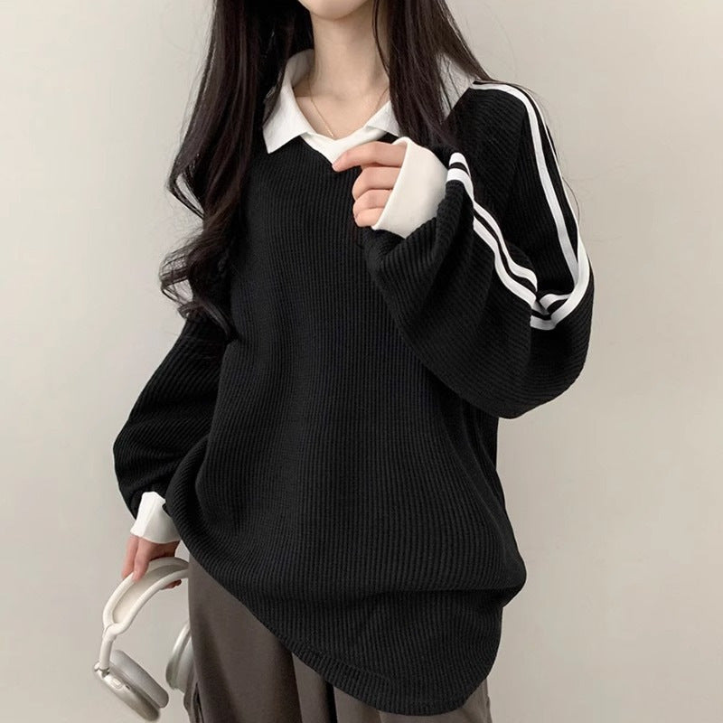 Women's Korean Style Striped Hoodie | Loose Fit, Embroidery, Contrast Colour | HOORIVA