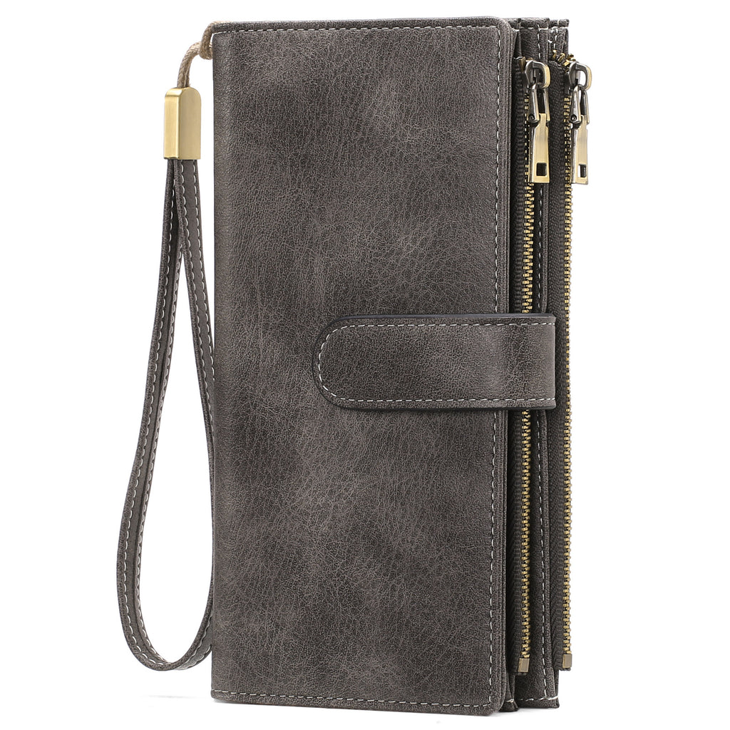 Women's Vintage Tri-Fold Long Wallet – RFID Blocking Oil Wax PU Leather Purse