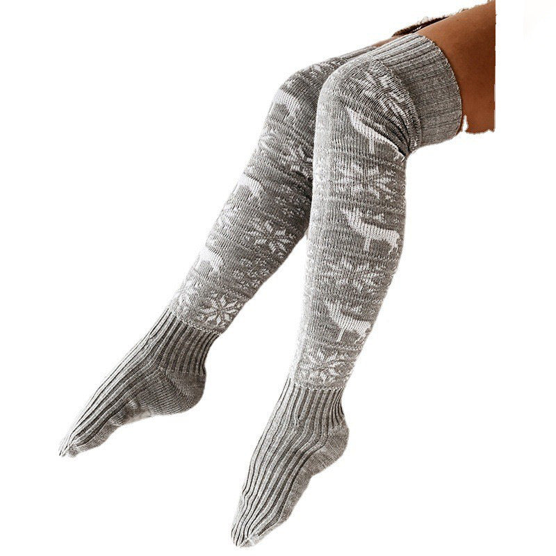 Women's Christmas Thigh-High Knitted Stockings | Elk & Snowflake Jacquard, One Size, 3 Colours | HOORIVA