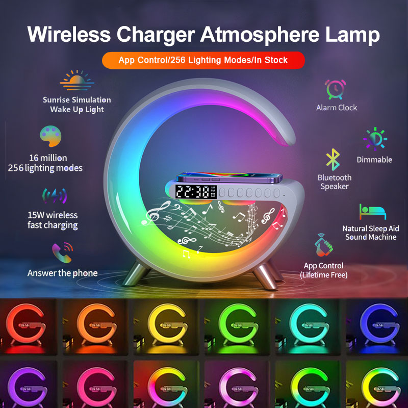 Smart LED Atmosphere Lamp – 15W Wireless Charger, Bluetooth Speaker & App Control Bedside Light