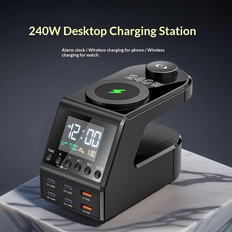 240W GaN 9-in-1 Desktop Charging Station | Alarm Clock + Wireless Charging | 4x USB-C 140W