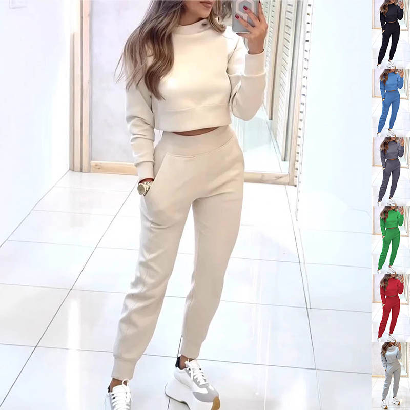 طقم رياضي نسائي بطبعة وياقة قائمة | توب بأكمام طويلة وبنطلون سليم، جيوب، مقاسات S–XXXL | HOORIVA
