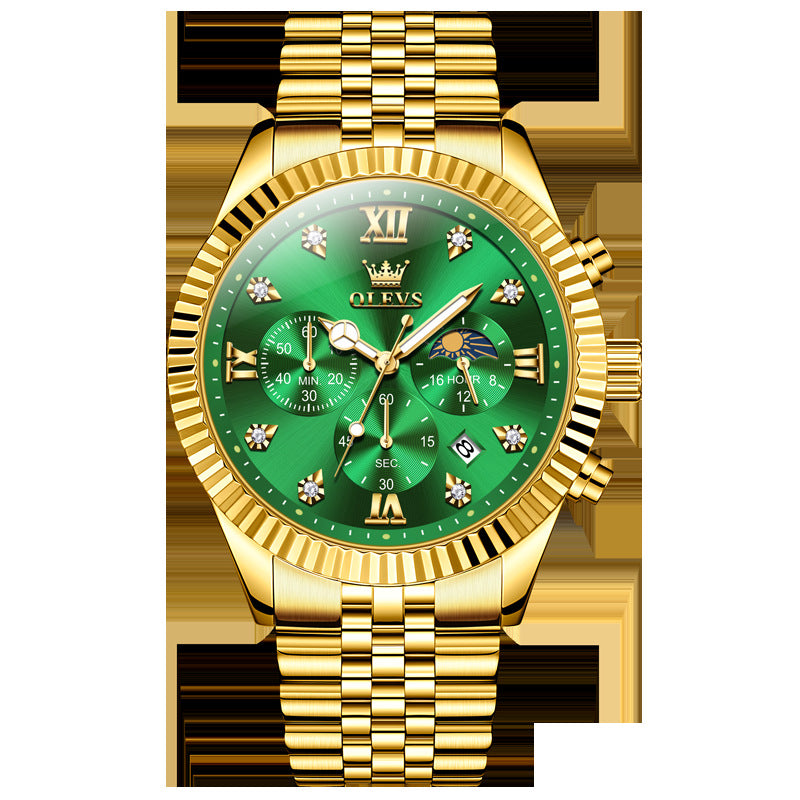 Men's OLEVS Gold Chronograph Quartz Watch – Moon Phase | Diamond Markers | Steel Strap | 4 Styles | Hooriva