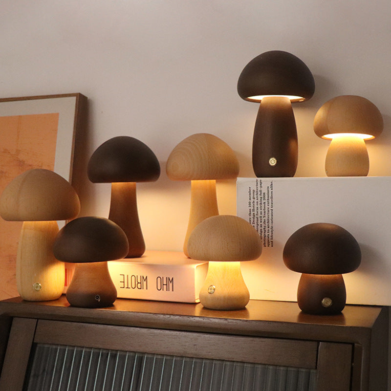 Wooden Mushroom LED Night Light | Touch Switch Bedside Lamp, 4 Styles, Beech & Walnut | HOORIVA