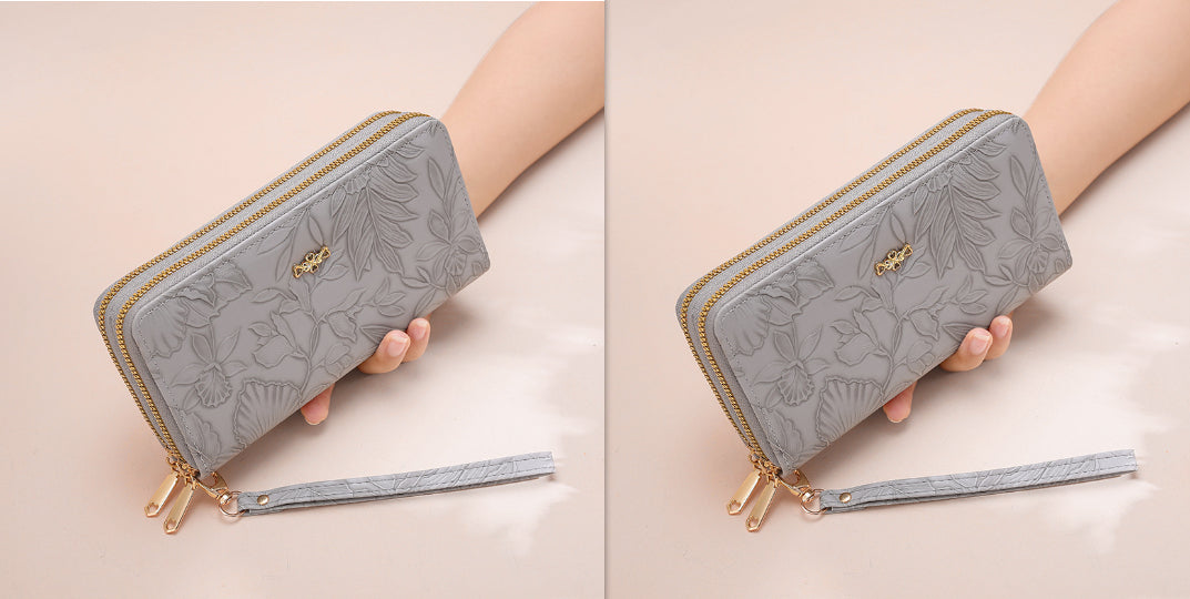 Women's PU Leather Floral Embossed Long Wallet – Large Capacity Zipper Clutch with Wrist Strap