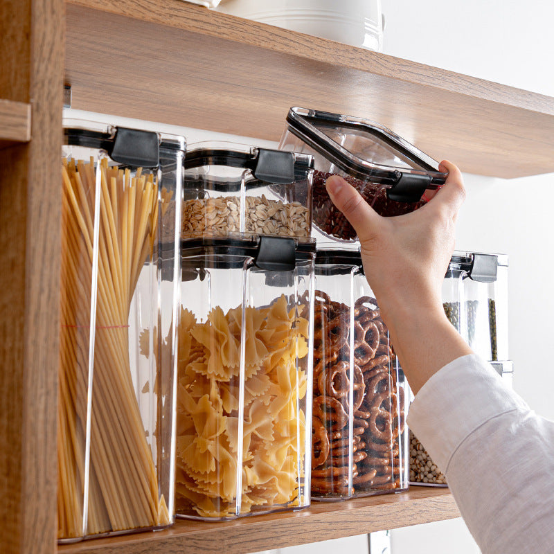 Tall Square Airtight Pantry Canister – Clear PET Food Storage Container with Black Clip-Lock Lid