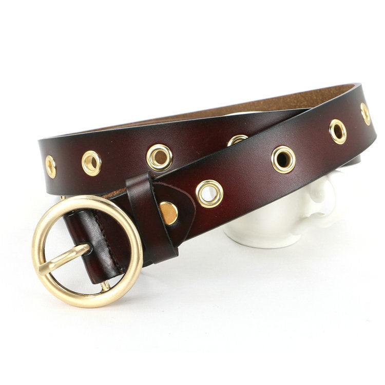 Women's Genuine Leather Belt – Classic Round Buckle, No-Hole Adjustable Fit | Hooriva