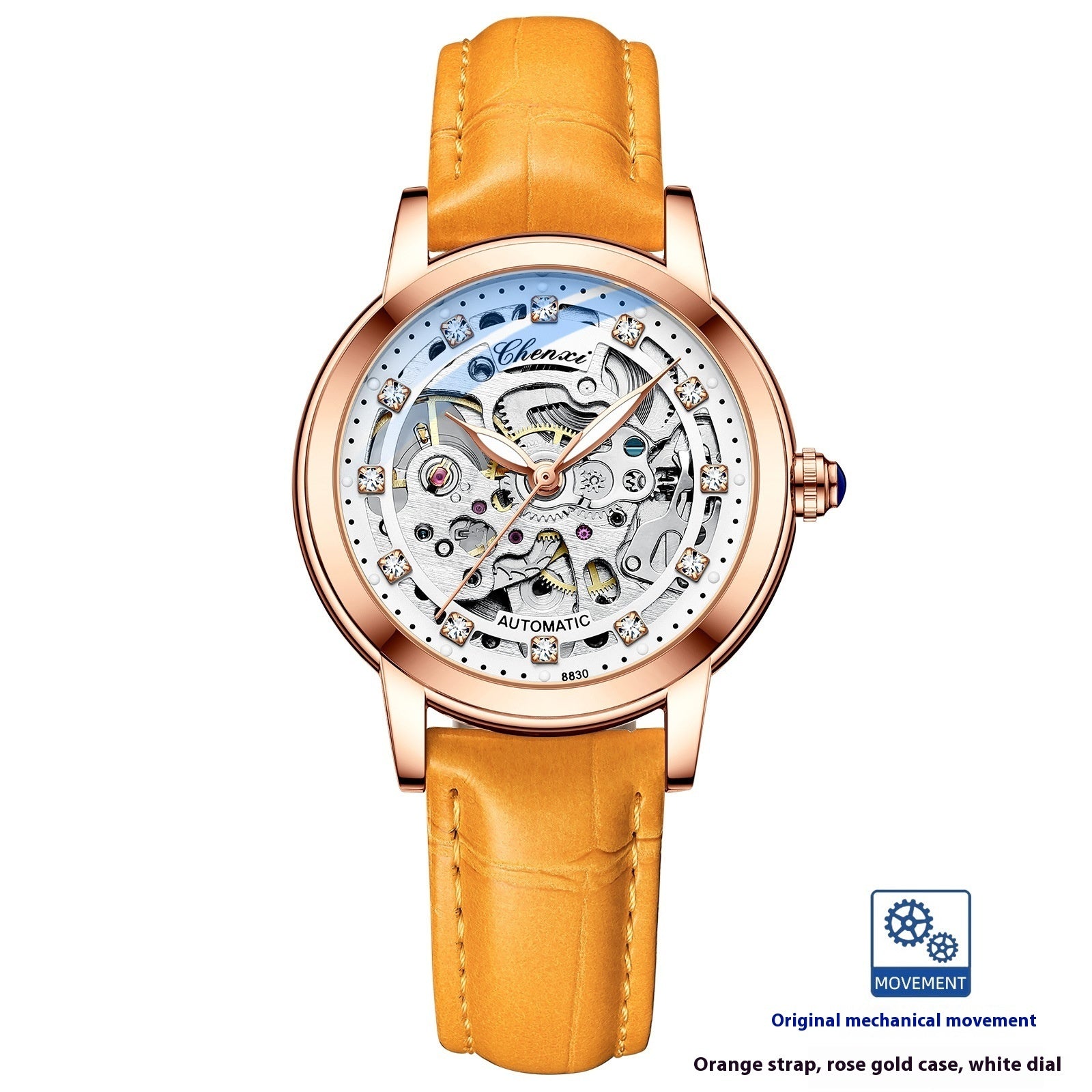 Chenxi Diamond Skeleton Automatic Watch – Rose Gold Case, Genuine Leather Strap | 5 Colours