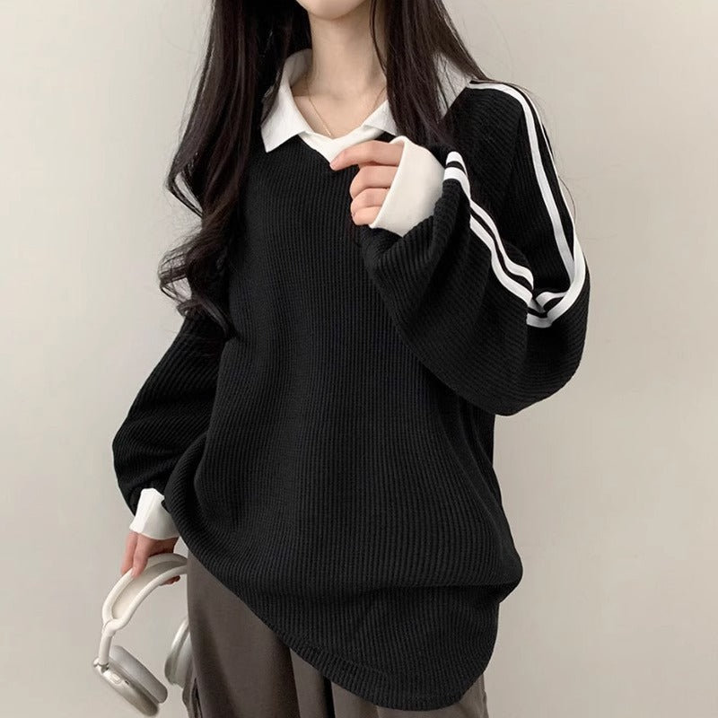 Women's Korean Style Striped Hoodie | Loose Fit, Embroidery, Contrast Colour | HOORIVA