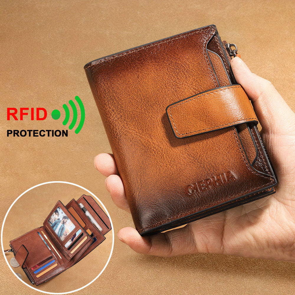 محفظة جلد رجالية من جلد البقر الأصلي – بتصميم كلاسيكي ومزودة بتقنية RFID المضادة للسرقة، قابلة للطي (Bifold & Trifold) مع جيب للعملات المعدنية