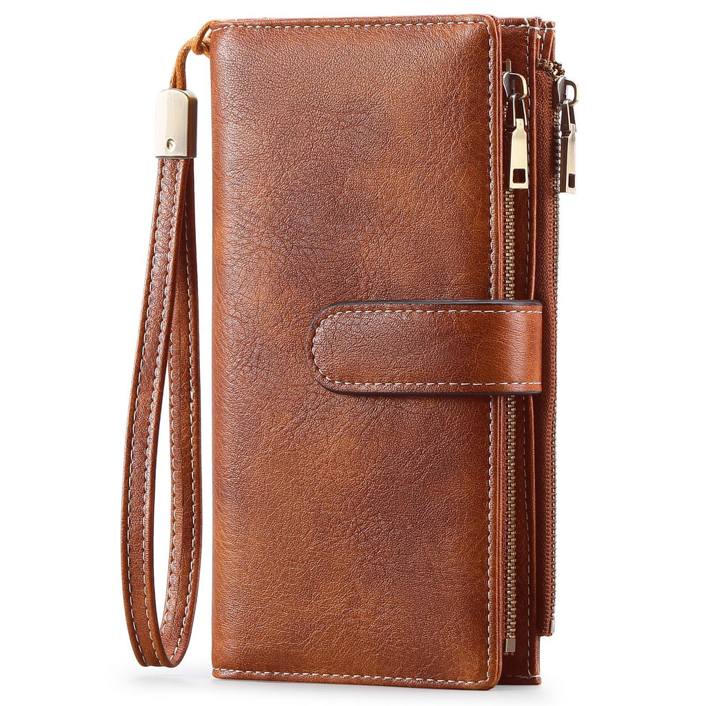 Women's Vintage Tri-Fold Long Wallet – RFID Blocking Oil Wax PU Leather Purse