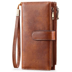 Women's Vintage Tri-Fold Long Wallet – RFID Blocking Oil Wax PU Leather Purse
