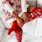 Women's Christmas Thigh-High Knitted Stockings | Elk & Snowflake Jacquard, One Size, 3 Colours | HOORIVA