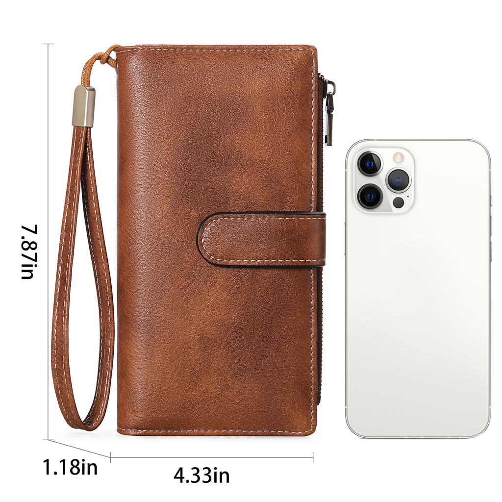 Women's Vintage Tri-Fold Long Wallet – RFID Blocking Oil Wax PU Leather Purse