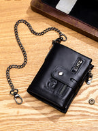 Men's Full-Grain Cowhide Chain Wallet – Retro Bifold with Dual Zippers & Clasp