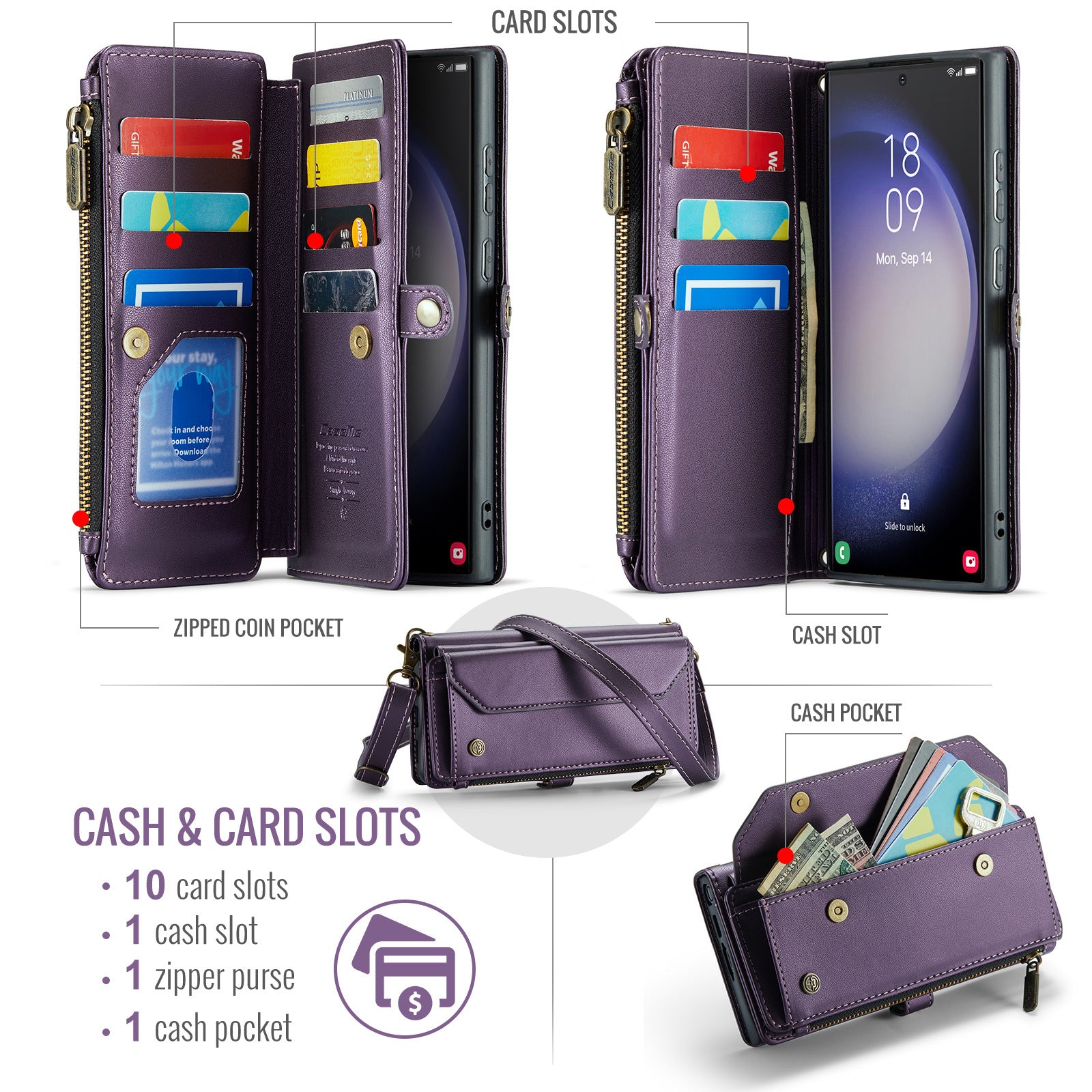 Crossbody Wallet Phone Case | Zipper Leather Samsung Case with Strap
