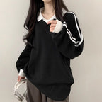 Women's Korean Style Striped Hoodie | Loose Fit, Embroidery, Contrast Colour | HOORIVA