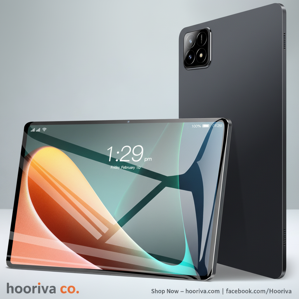 Android 14 Black Tablet on Grey Hooriva Background