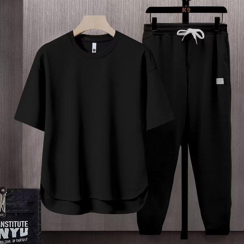 Men's Summer Athletic 2-Piece Set – Short Sleeve Crew Neck T-Shirt & Cropped Jogger Pants in 5 Colours