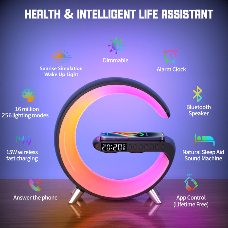 Smart LED Atmosphere Lamp – 15W Wireless Charger, Bluetooth Speaker & App Control Bedside Light