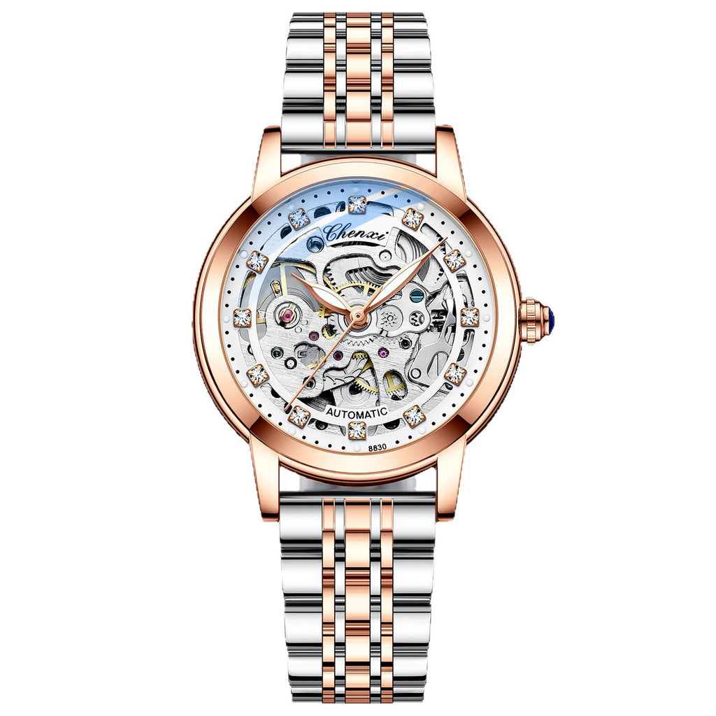 Chenxi Diamond Skeleton Automatic Watch – Rose Gold Case, Genuine Leather Strap | 5 Colours