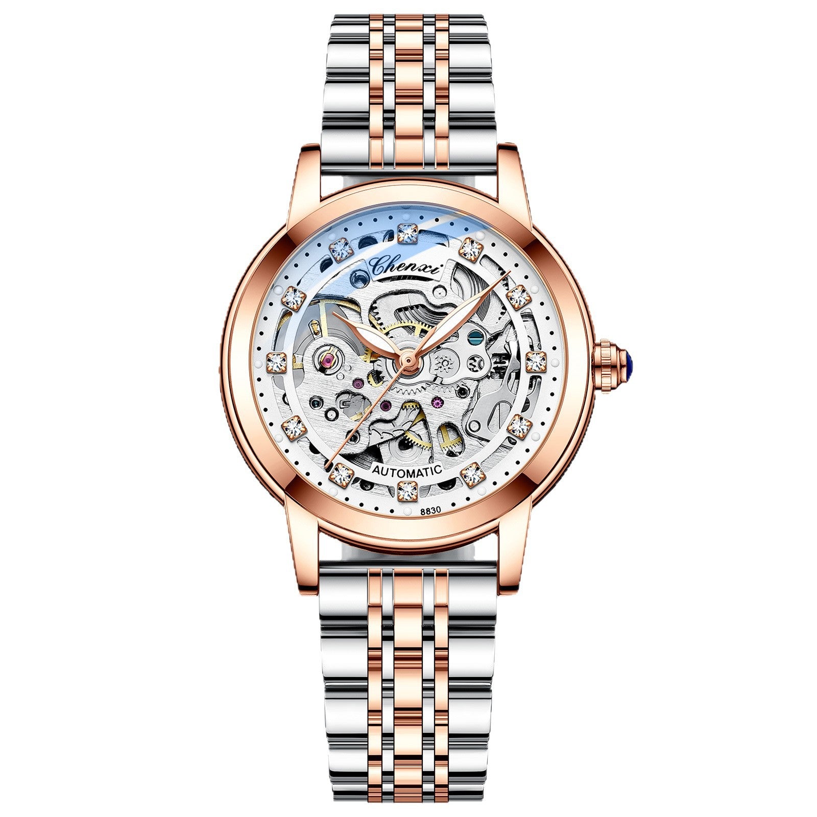 Chenxi Diamond Skeleton Automatic Watch – Rose Gold Case, Genuine Leather Strap | 5 Colours