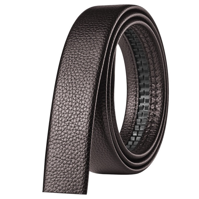 Silver geometric automatic buckle on brown PU leather ratchet belt