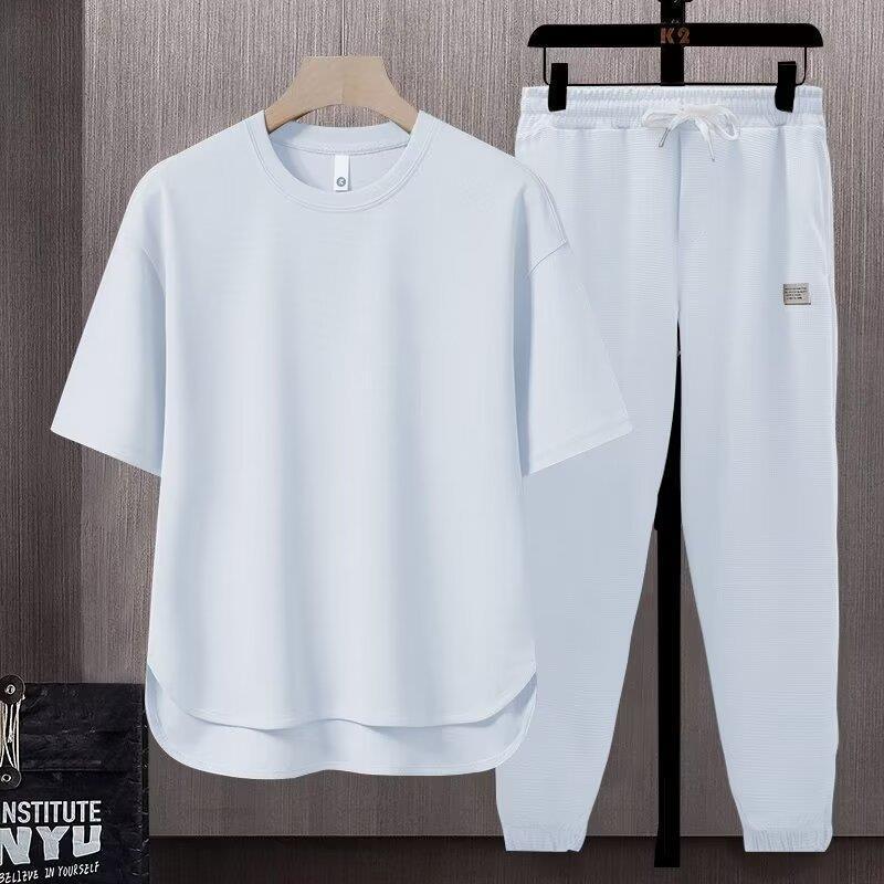 Men's Summer Athletic 2-Piece Set – Short Sleeve Crew Neck T-Shirt & Cropped Jogger Pants in 5 Colours