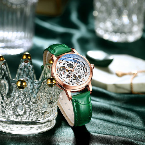 Chenxi Diamond Skeleton Automatic Watch – Rose Gold Case, Genuine Leather Strap | 5 Colours