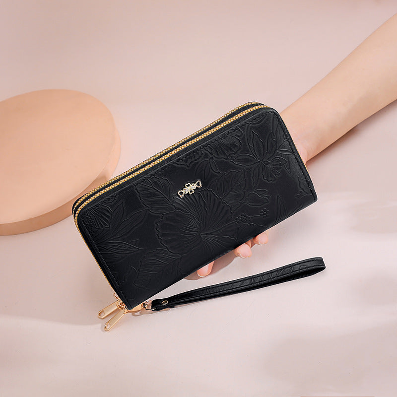 Women's PU Leather Floral Embossed Long Wallet – Large Capacity Zipper Clutch with Wrist Strap