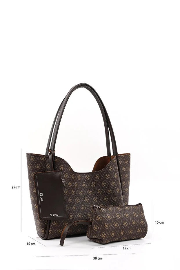 Monogram Faux Leather Women's Shoulder Bag Set | Wallet & Makeup Bag Included
