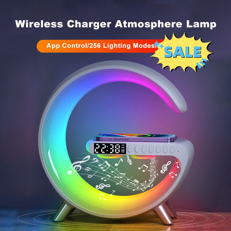 Smart LED Atmosphere Lamp – 15W Wireless Charger, Bluetooth Speaker & App Control Bedside Light
