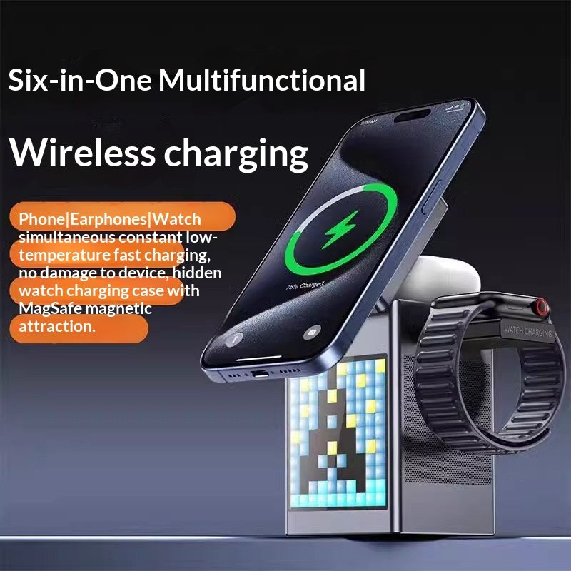 6-in-1 Magnetic Desktop Hub — Bluetooth Speaker, Alarm Clock, 15W Wireless Charger & Phone Stand