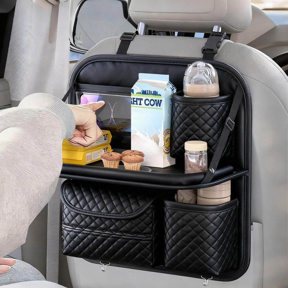 Car Back Seat Organiser | Multi-Pocket Leather Storage Bag, 40x36cm, Beige & Black | HOORIVA