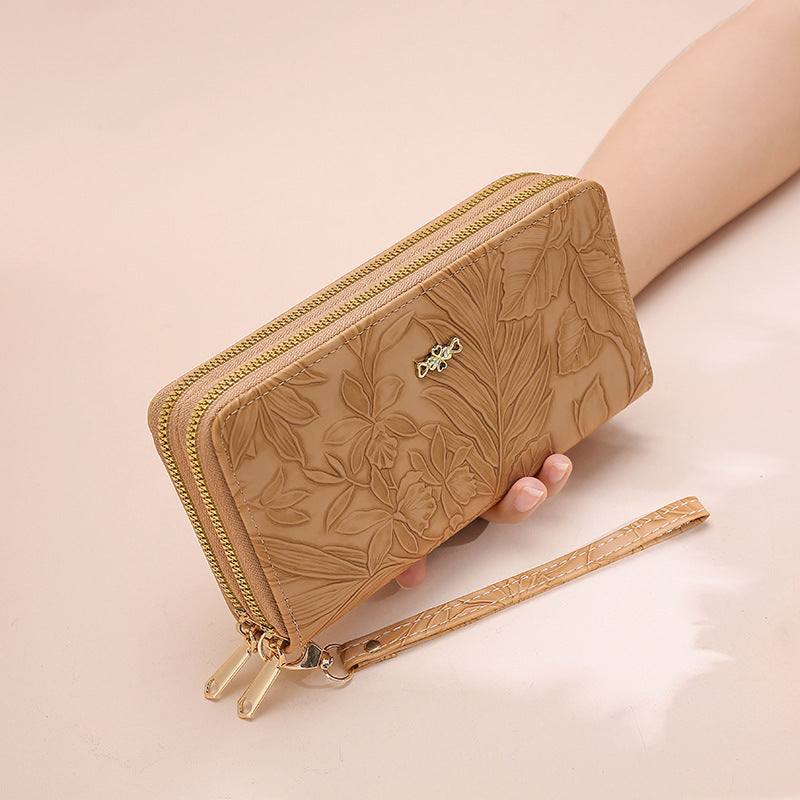 Women's PU Leather Floral Embossed Long Wallet – Large Capacity Zipper Clutch with Wrist Strap