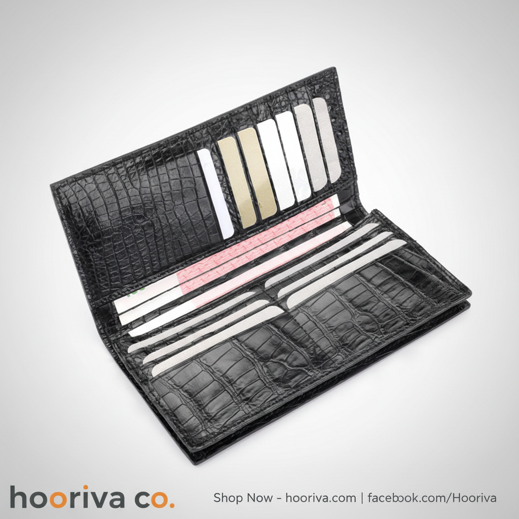 Crocodile-Embossed Leather Long Wallet Open – HBBT