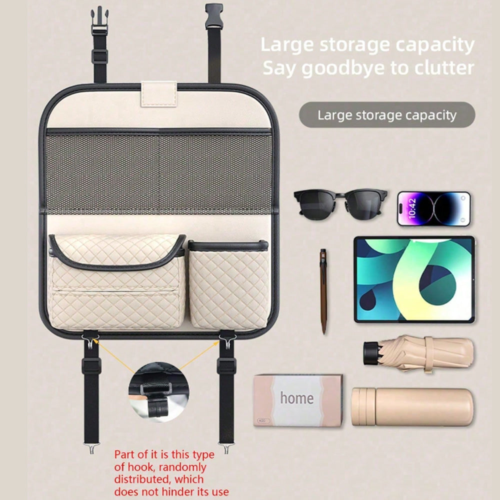 Car Back Seat Organiser | Multi-Pocket Leather Storage Bag, 40x36cm, Beige & Black | HOORIVA