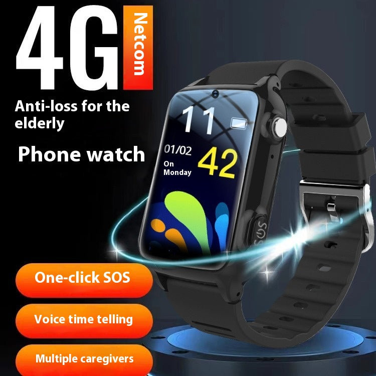 Elderly 4G GPS Smart Watch – Anti-Lost Positioning, Heart Rate & Step Counter | Black & Red