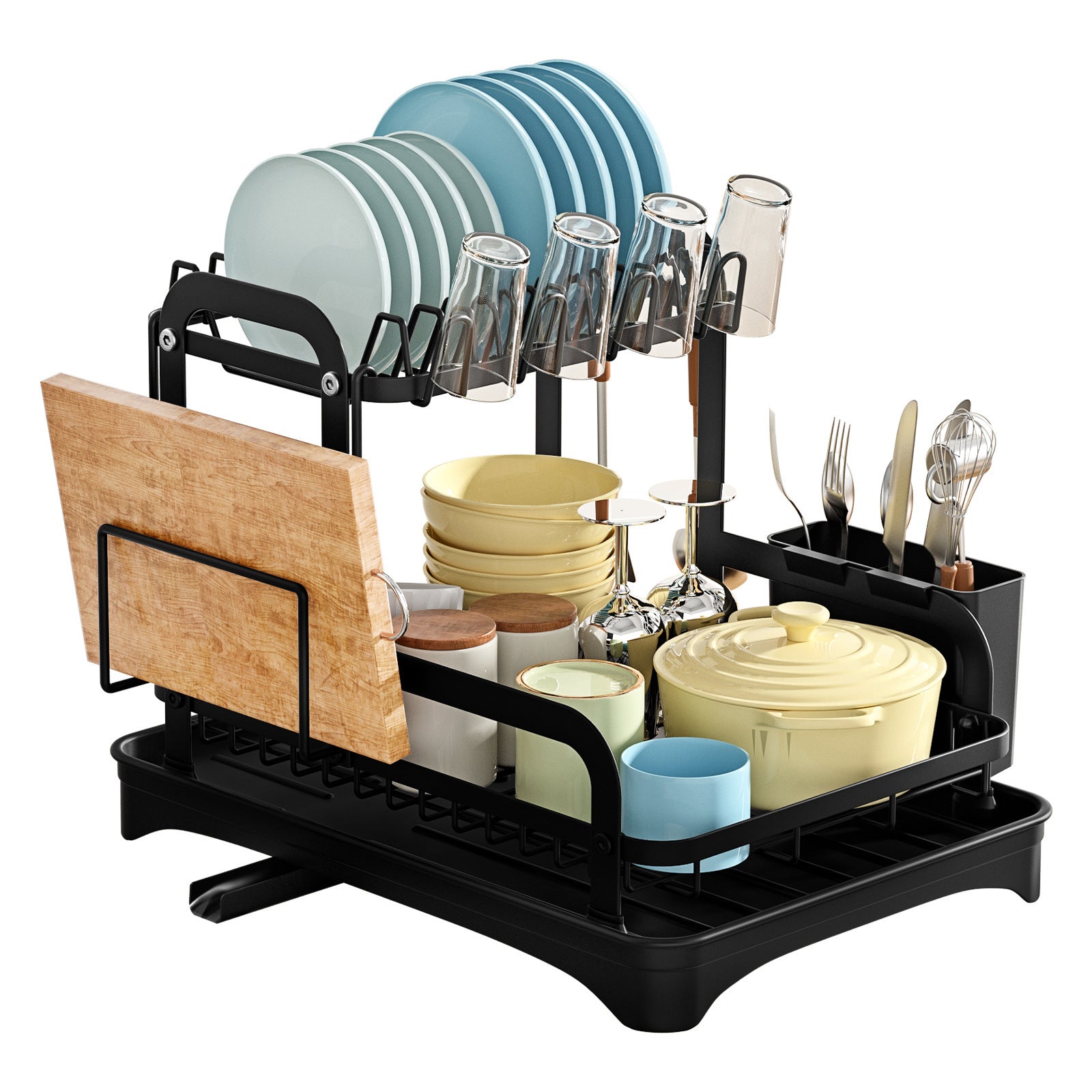 2-Tier Dish Drying Rack with Upgraded Drain Board Tray | Iron Wire Kitchen Drainer