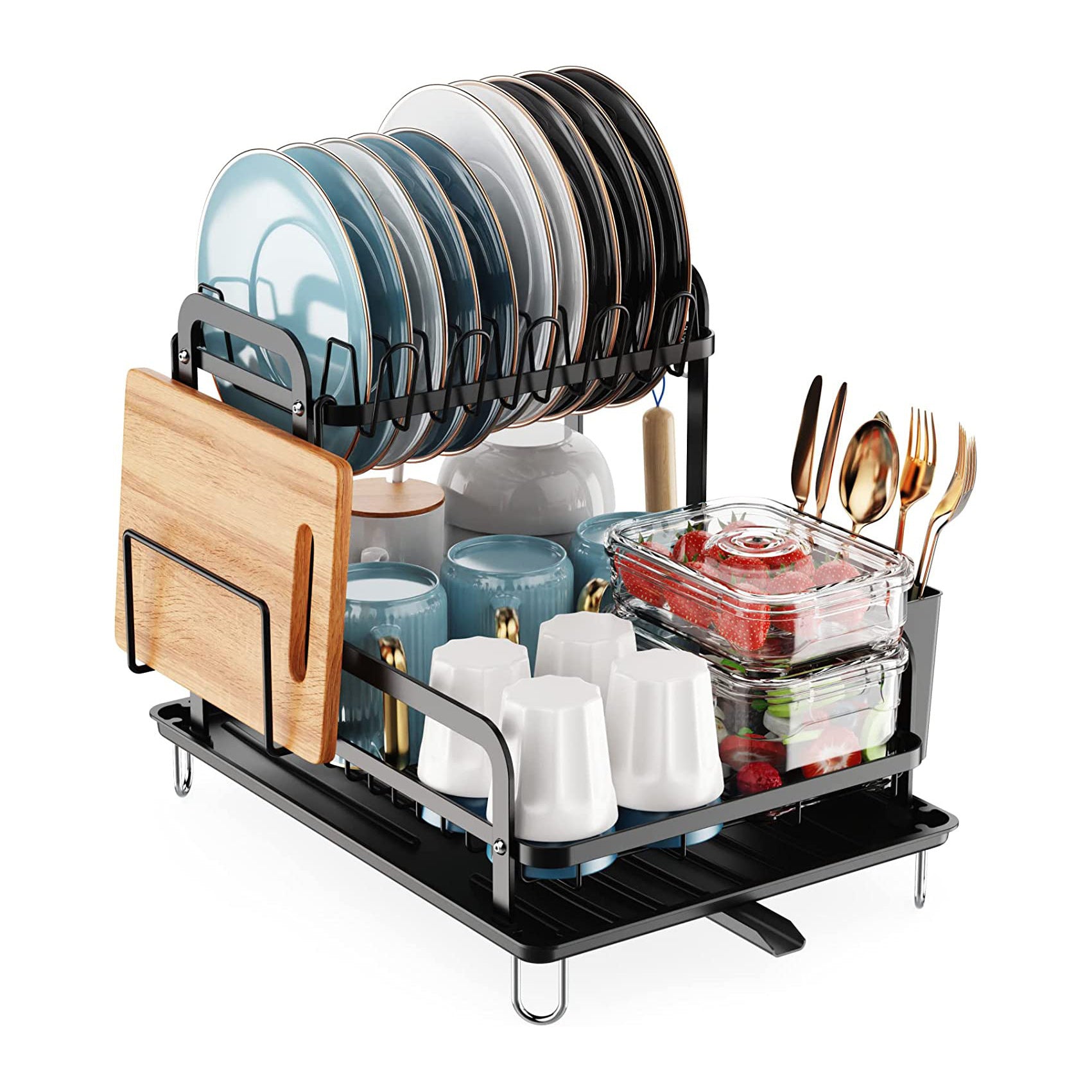 2-Tier Dish Drying Rack with Upgraded Drain Board Tray | Iron Wire Kitchen Drainer