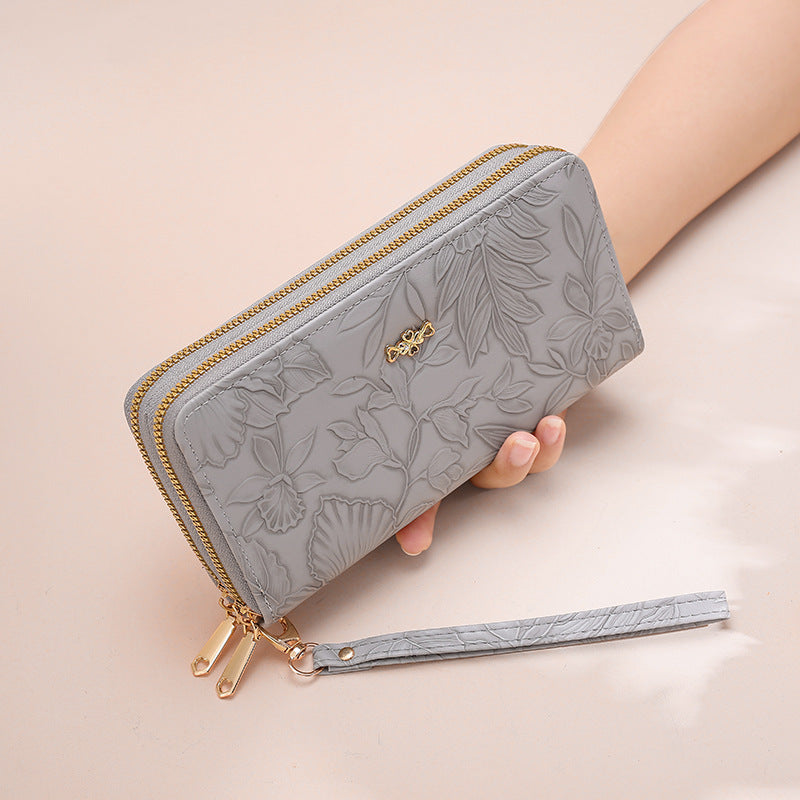 Women's PU Leather Floral Embossed Long Wallet – Large Capacity Zipper Clutch with Wrist Strap