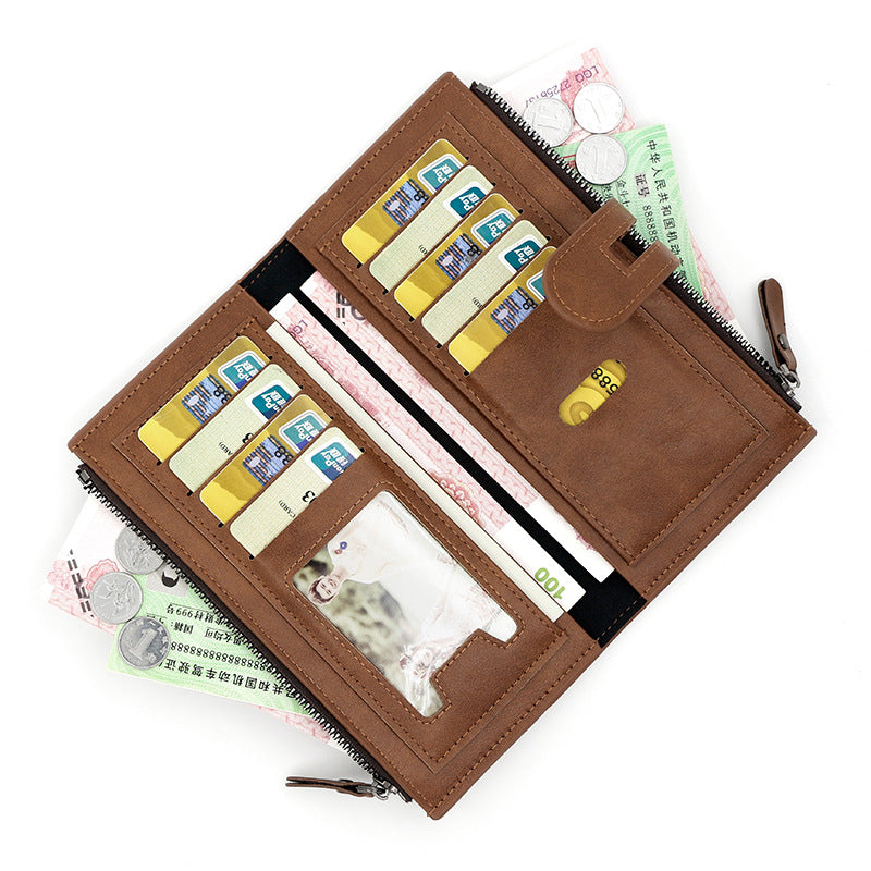 Women's PU Leather Multifunctional Wallet Purse – 9 Card Slots, Photo Window & Dual Zipper Coin Pockets